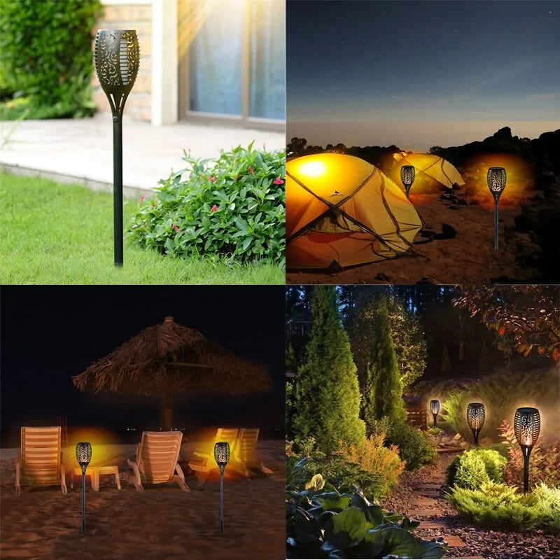 Transform your outdoor space with the enchanting glow of a solar flame lamp, featuring warm, flickering light that mimics real flames to enhance your garden, patio, or pathway. This eco-friendly, solar-powered lighting solution saves energy and reduces your carbon footprint while offering reliable, weather-resistant performance year-round. Easy to install and versatile, it requires no wiring, allowing you to effortlessly create a magical ambiance in any outdoor setting.